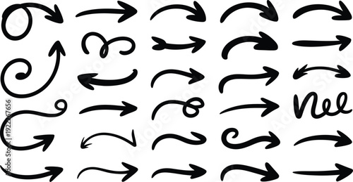 Set of black hand drawn doodle arrows isolated on white background collection of various curved swish spiral and straight pointers.