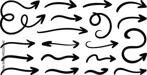 doodle arrows isolated on white background various shapes of curved swish and spiral pointer symbols.