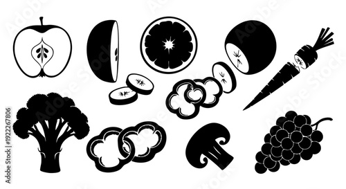 A collection of fruit and vegetables in a silhouetted art style, featuring an apple, orange, carrot, broccoli, pepper, mushroom, and grape