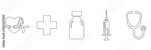 Medical icons set featuring heart health and treatment tools