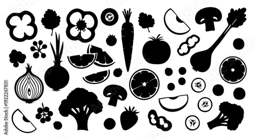 Assortment of fresh fruits and vegetables in monochrome, showcasing a variety of healthy food options