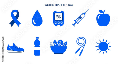 Blue icons illustrating World Diabetes Day themes on a white background