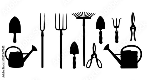 Silhouette of various garden tools, essential for gardening tasks