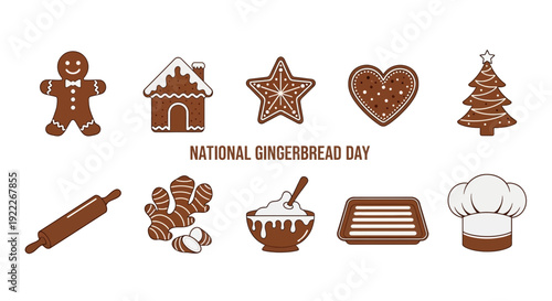 Brown icons related to gingerbread baking including cookies ingredients and tools