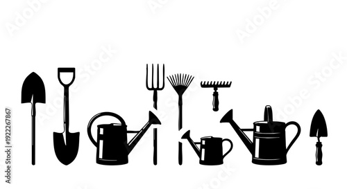 A collection of gardening tools arranged neatly