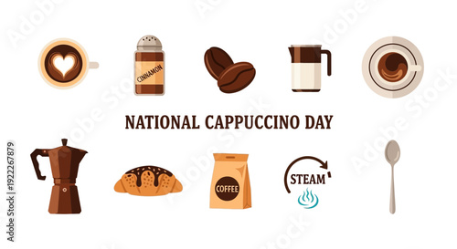 Collection of brown and white icons related to making and enjoying cappuccino coffee