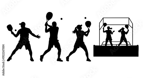 Silhouettes of tennis players in action, playing a tennis game