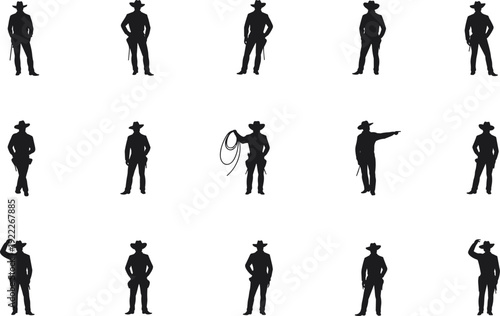Cowboy silhouettes vector set, western rancher man standing poses collection for rodeo farm wild west design