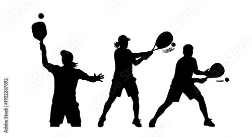 Dynamic silhouettes showcase pickleball play, emphasizing agility and action