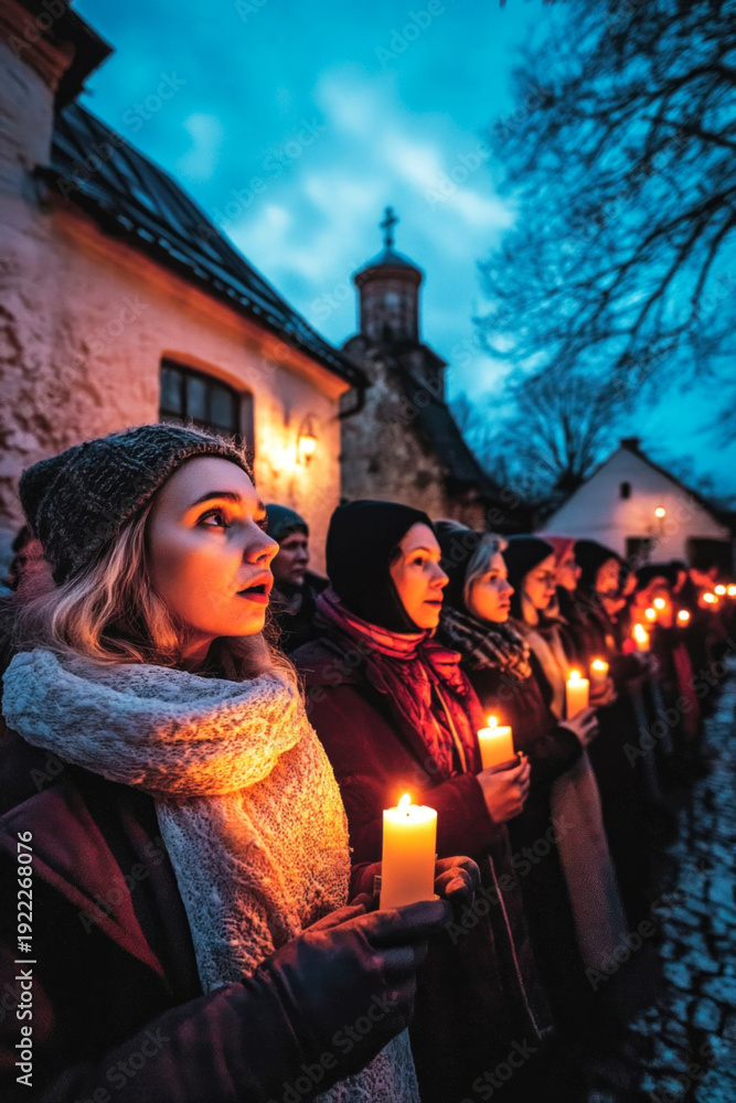 Fototapeta premium Group of women holding candles during evening ceremony outside temple building