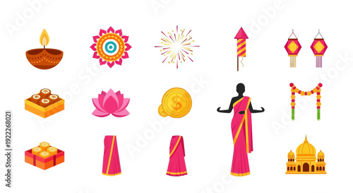 Collection of flat icons related to Indian festival celebrations on a white background
