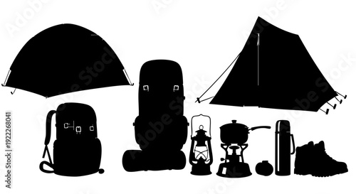 Silhouette of camping equipment set ready for adventure