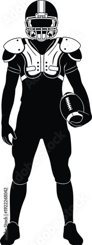 American football player silhouette holding ball in full uniform, sports athlete vector illustration isolated on white background