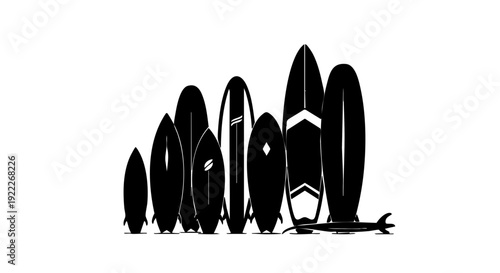 A silhouette of surfboards lined up, various shapes and sizes. Ready for water adventure. 