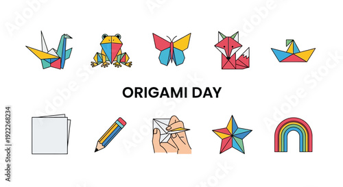 Flat icon set for Origami Day featuring paper crafts tools and colorful geometric shapes