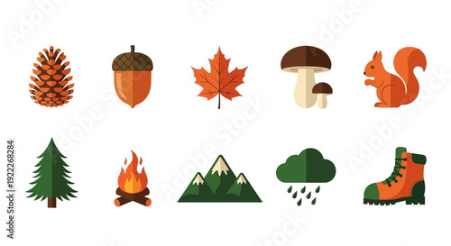 Flat illustration icons representing pinecone acorn maple leaf mushrooms squirrel tree fire mountains rain cloud and boot