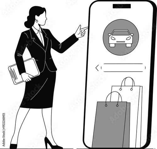Businesswoman using mobile shopping app, flat vector illustration of e-commerce, online retail, digital marketplace, modern business technology concept