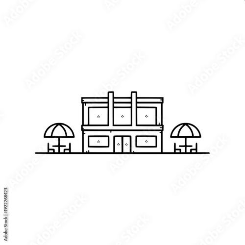 Monochrome vector art of cozy café seating under a striped canopy umbrella, lantern lights hanging from edges, table with steaming coffee mug and small plant, symmetrical composition, black solid shap