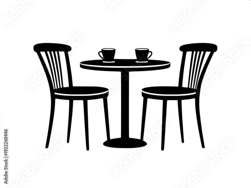 Monochrome vector art of cozy café seating under a striped canopy umbrella, lantern lights hanging from edges, table with steaming coffee mug and small plant, symmetrical composition, black solid shap