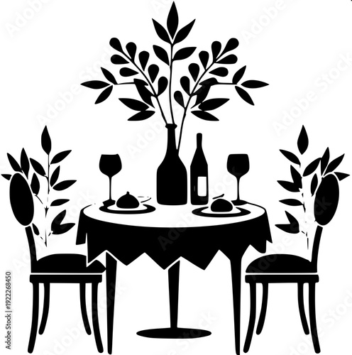 Monochrome vector art of cozy café seating under a striped canopy umbrella, lantern lights hanging from edges, table with steaming coffee mug and small plant, symmetrical composition, black solid shap