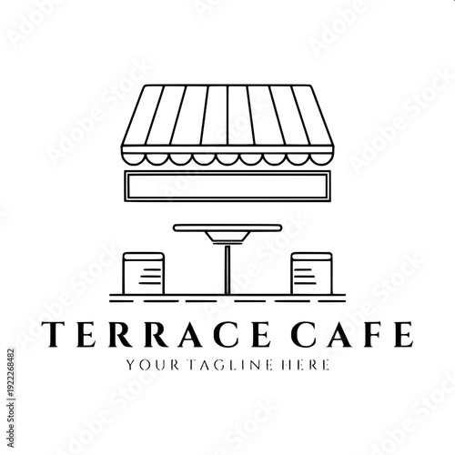 Monochrome vector art of cozy café seating under a striped canopy umbrella, lantern lights hanging from edges, table with steaming coffee mug and small plant, symmetrical composition, black solid shap