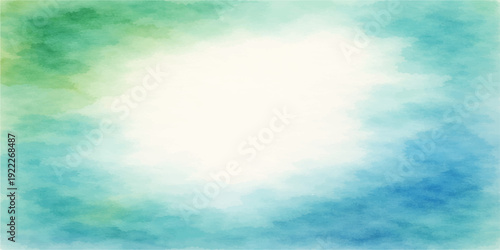 An abstract blue sky watercolor landscape features grunge clouds reflecting over a beautiful summer ocean horizon with bright ethereal light