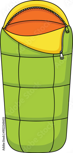 Flat vector illustration of camping sleeping bag, green quilted design, yellow orange interior, outdoor gear, camping equipment, decorative art