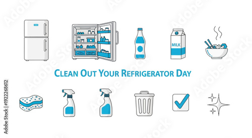 Illustration for Clean Out Your Refrigerator Day showing appliances food and cleaning tools