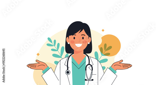 Friendly female doctor with open arms and a stethoscope representing trust medical care and healthcare expertise.