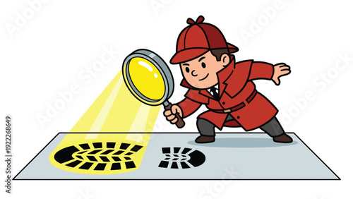 Cartoon Detective with Magnifying Glass Investigating Footprints for Clues