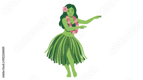 Green Hula Dancer Character in Grass Skirt and Flower Lei. Tropical Island Dance Vector Illustration.