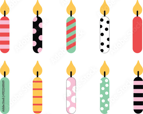 Colorful vector illustration of decorative candle icons, striped and patterned wax designs, festive flame symbols, celebration template, party decoration concept set