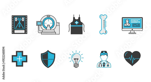 Ten medicalthemed flat icons arranged in two rows of five against a white background