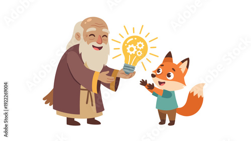 Elderly mentor giving glowing idea lightbulb to a curious fox, symbolizing wisdom, innovation, and knowledge sharing