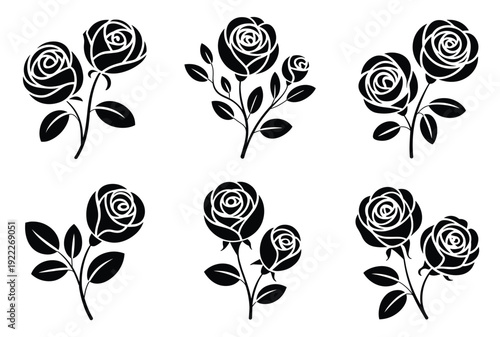 Elegant black and white stylized rose flower illustrations with leaves and stems, perfect for tattoo design, decorative art, logo elements, romantic floral vector graphics