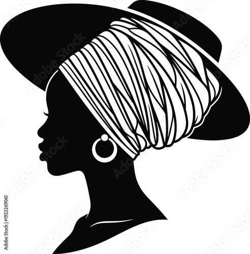 Elegant African woman silhouette wearing headwrap and wide hat in stylish black and white vector illustration profile design