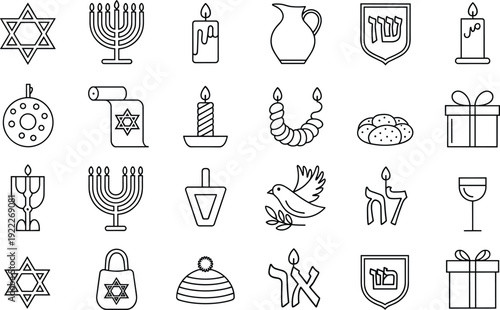 Black and white vector illustration of Jewish cultural icons, religious traditions, Hanukkah symbols, Star of David, menorah, dreidel, challah bread, Torah scroll