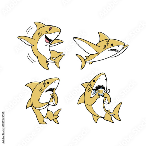 Cartoon sharks in various playful actions with exaggerated expressions