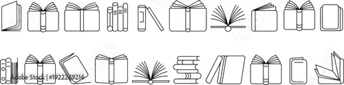 Black and white vector illustration of diverse book icons, open and closed designs, stacked reading materials, bookmark templates, digital e‑reader concept set