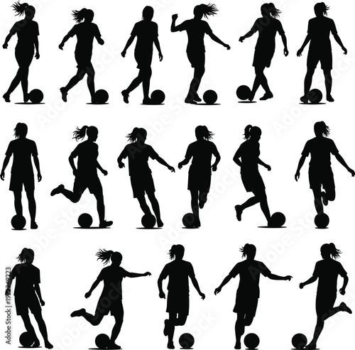 Female soccer player silhouettes set showing dribbling and running poses in dynamic sports action black and white vector style