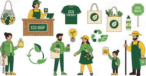 Flat vector illustration of eco-friendly lifestyle with zero waste, sustainable products, recycling, green energy, reusable bags, environmental awareness