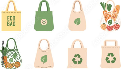 Flat vector illustration of eco-friendly reusable shopping bags, sustainable design, green lifestyle, zero waste, vegetables, recycling icons, decorative art