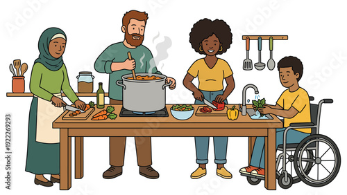 Diverse Group Cooking Together in Kitchen: Teamwork, Healthy Food, and Inclusion
