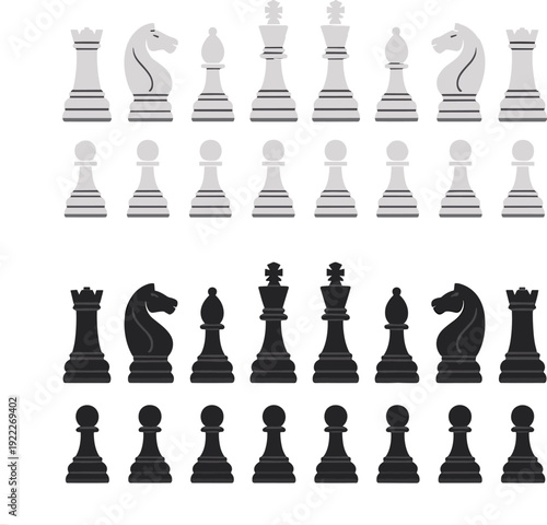 Flat vector illustration of complete chess pieces set in starting positions, black and white design, strategic board game concept, symmetrical layout