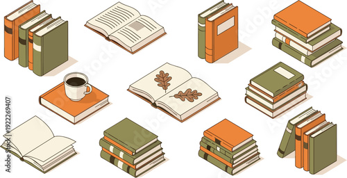 Flat vector illustration of cozy books collection, stacked and open books, coffee cup, autumn leaves, reading design, academic decorative art