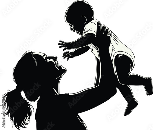 Flat vector illustration of adult lifting baby silhouette, family bonding, parental love, care connection design, decorative cartoon art