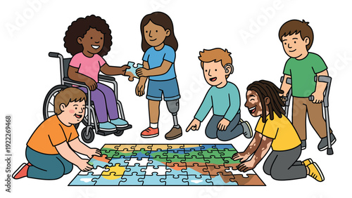 Inclusive Play: Diverse children with disabilities and different backgrounds collaborating on a jigsaw puzzle