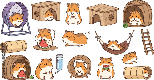Flat vector illustration of cute hamsters, pet activities, exercise wheel, food, tunnels, houses, playful cartoon design, decorative art