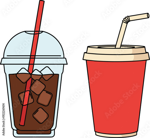 Flat vector illustration of beverage cups, iced coffee with straw in plastic cup and hot drink in paper cup, cafe design