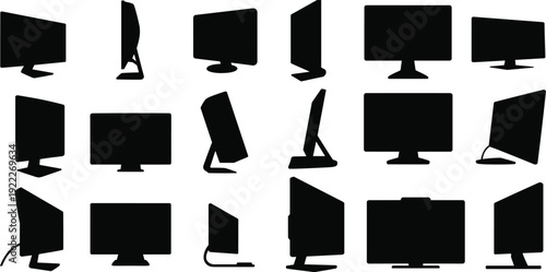 Black silhouette vector illustration of computer monitor icons, diverse screen designs, ergonomic display templates, workplace equipment concept, digital technology user interface set